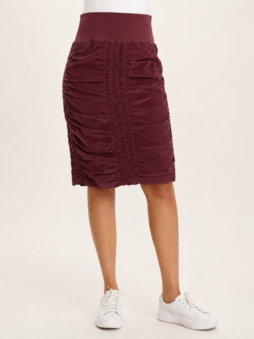 XCVI WEARABLES Trace Skirt Maroon XS Ruched Knee Length Cotton Lagenlook Boho